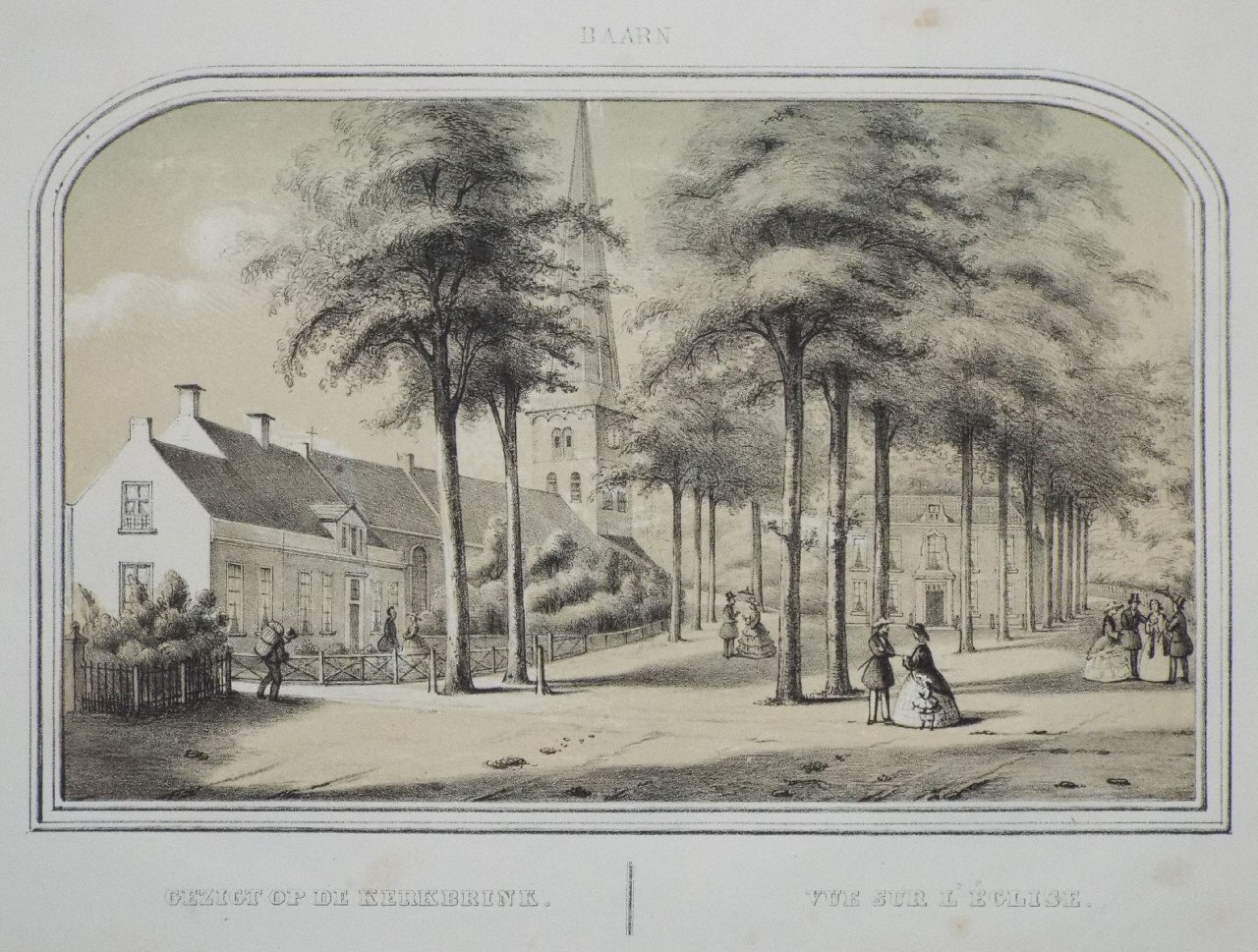 Lithograph - Baarn. Gezigt op de Kirkbrink. Vue sur l'Eglise.